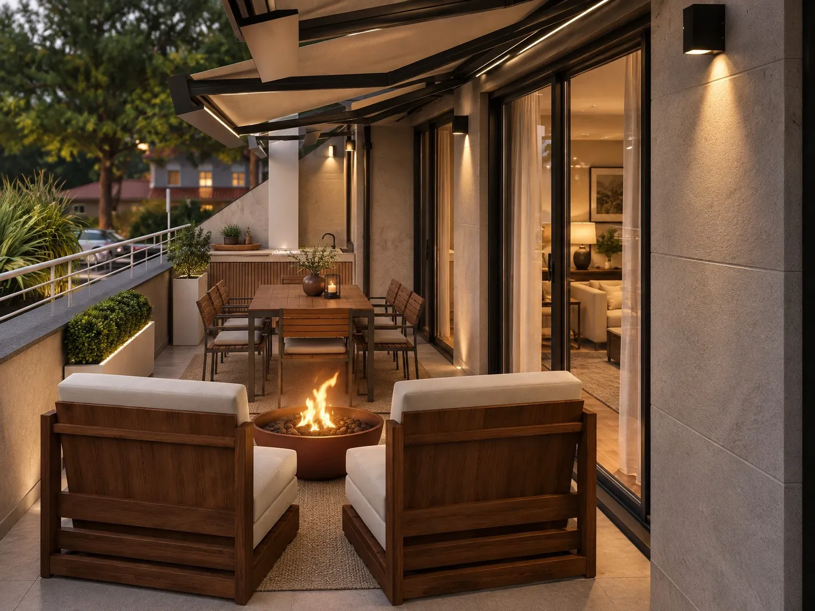 Terrace design in Stara Zagora – fire pit lounge in the evening