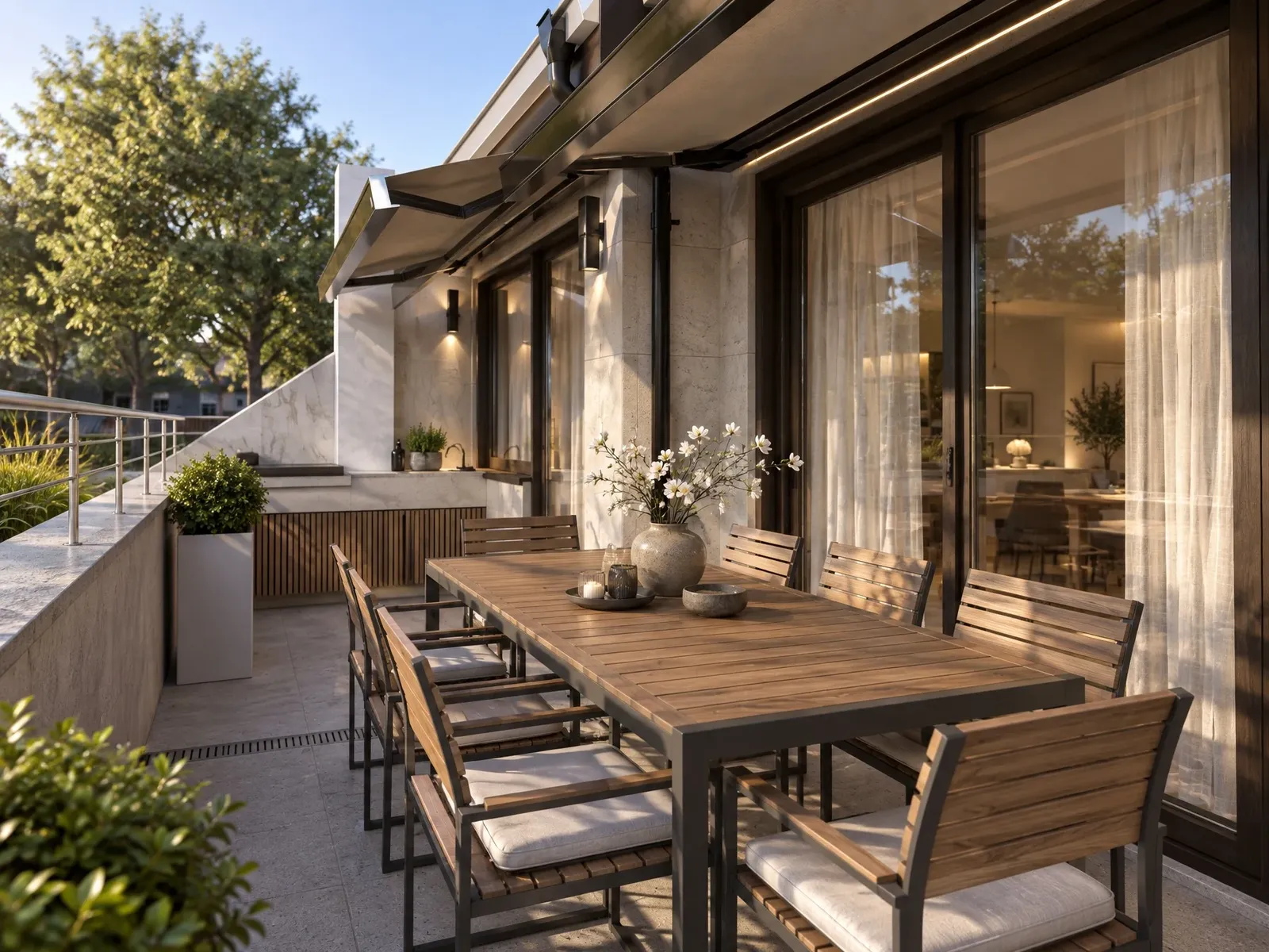 Long timber table for outdoor dining