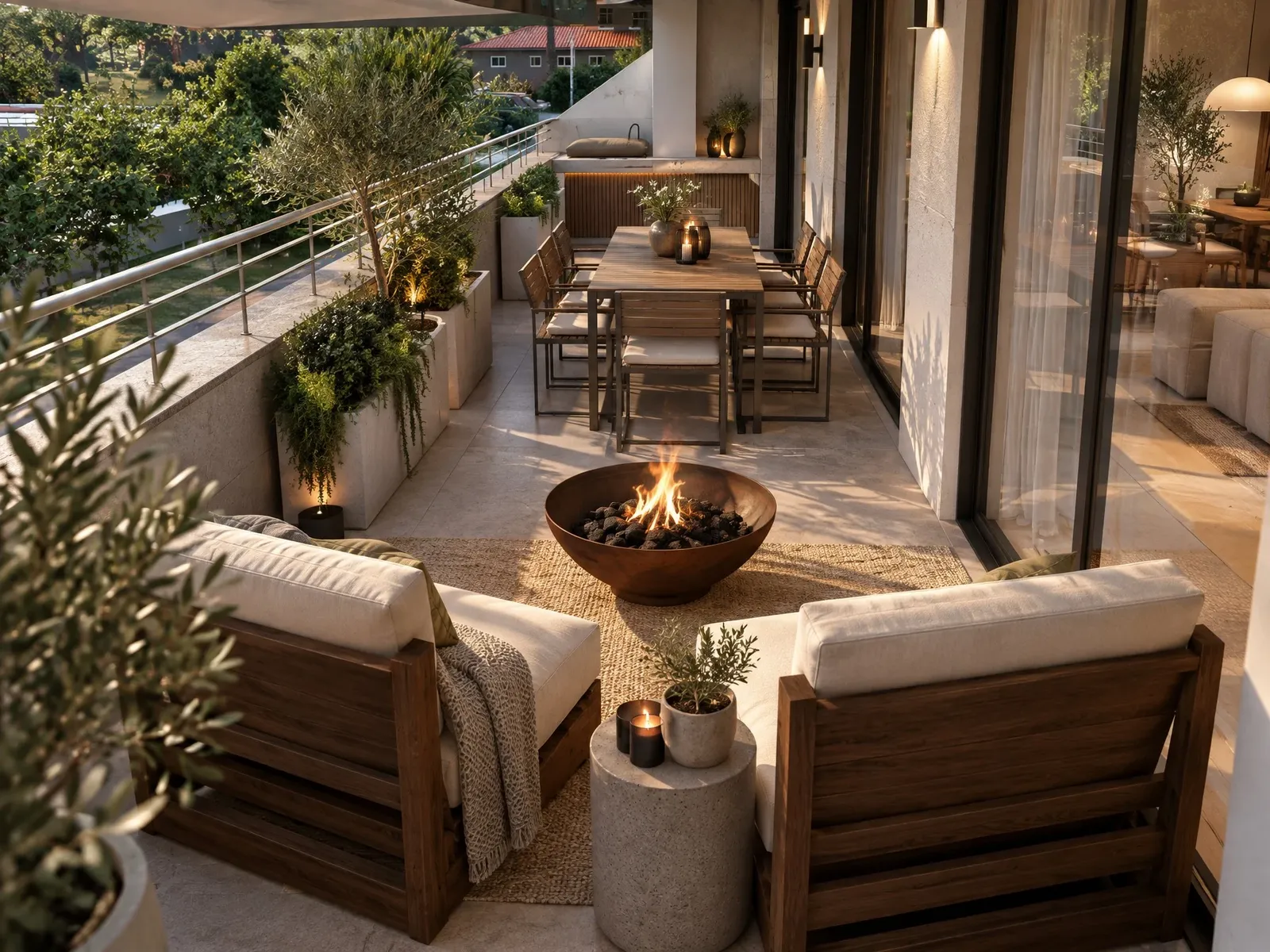Armchairs around the fire pit with the dining area beyond