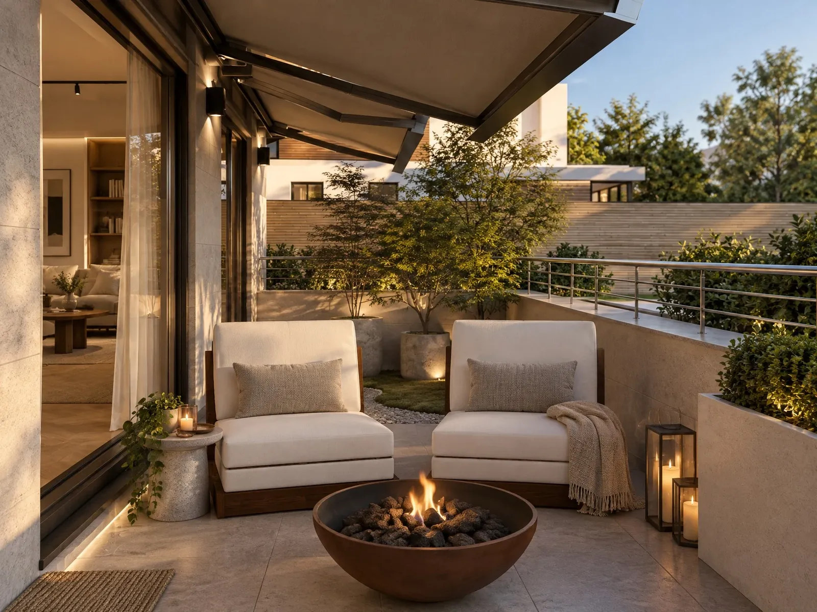 Fire pit lounge under a retractable awning