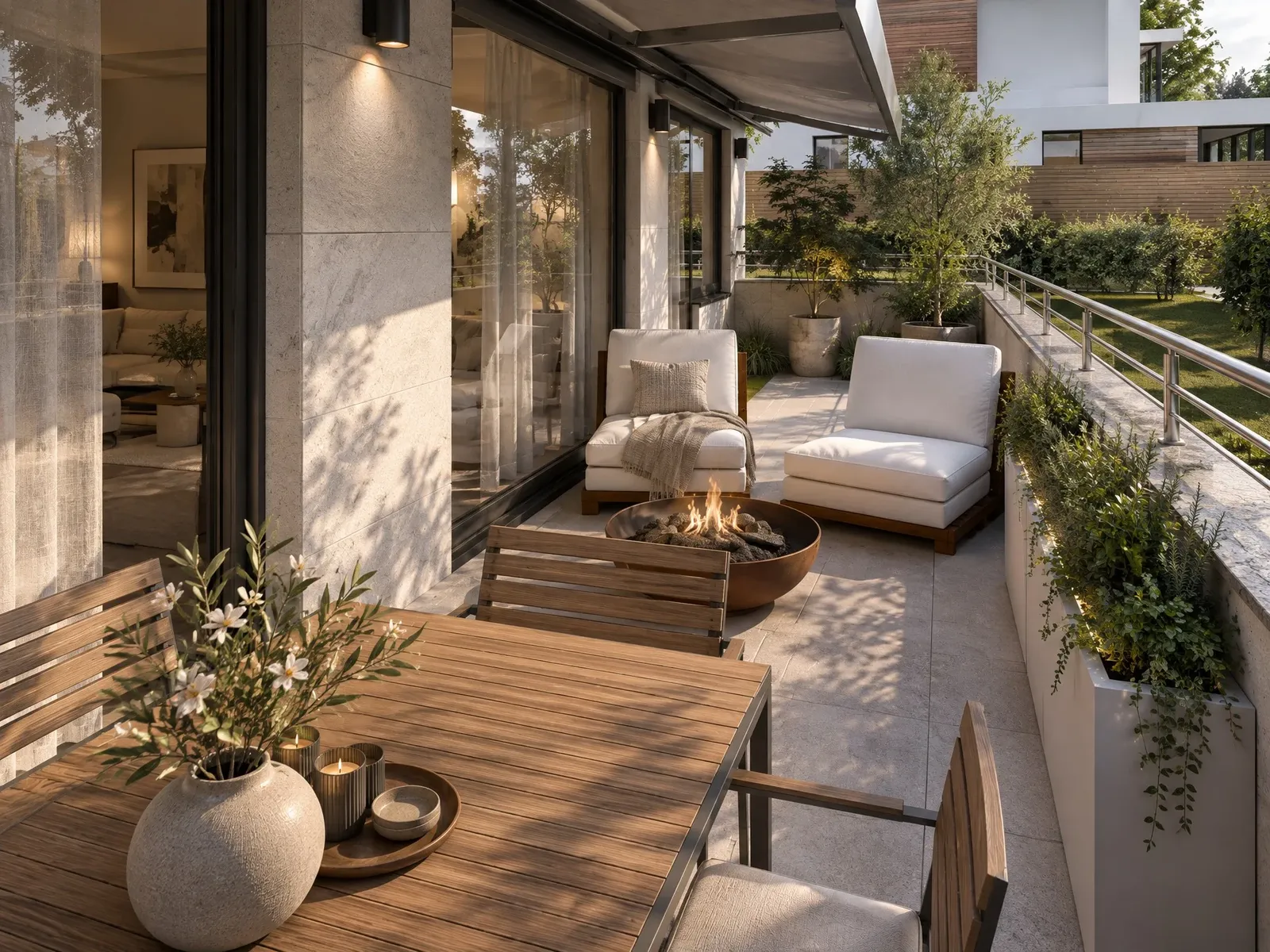 Terrace with planters, an olive tree and greenery along the railing