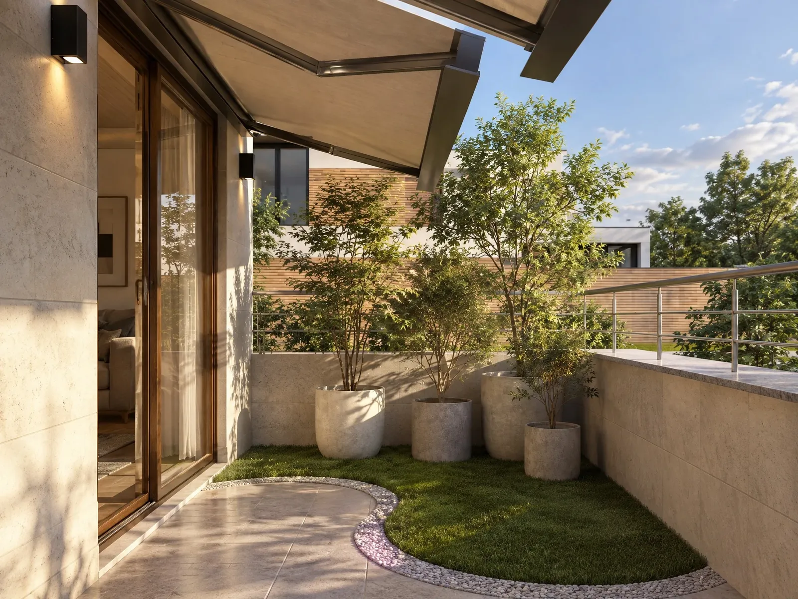 Lawn patch and planters with trees on the terrace