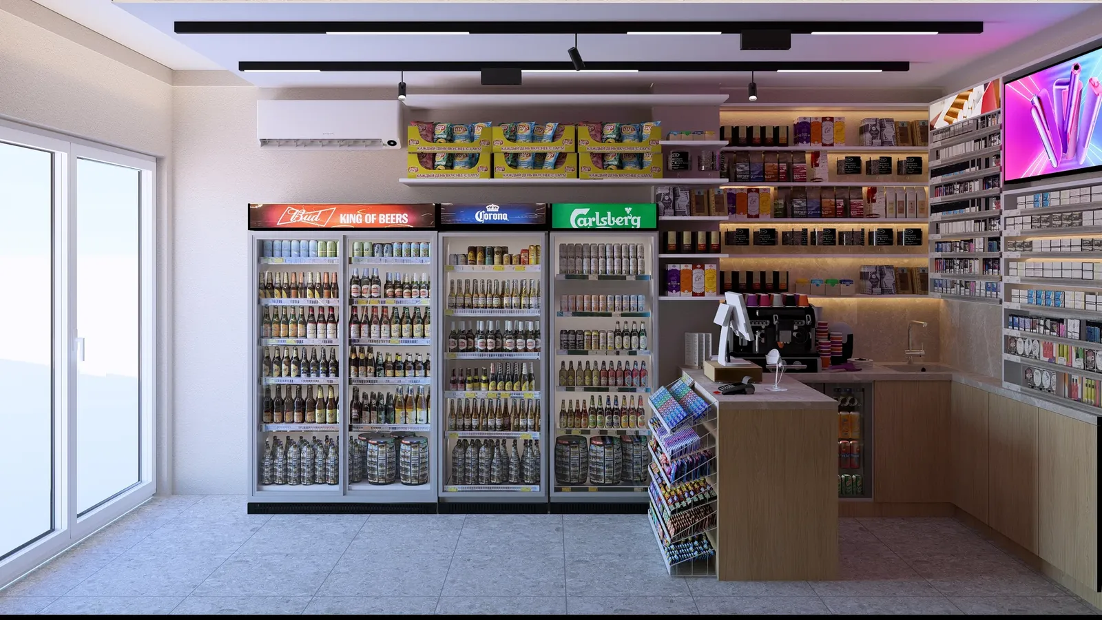Beer and drinks fridges next to the till counter