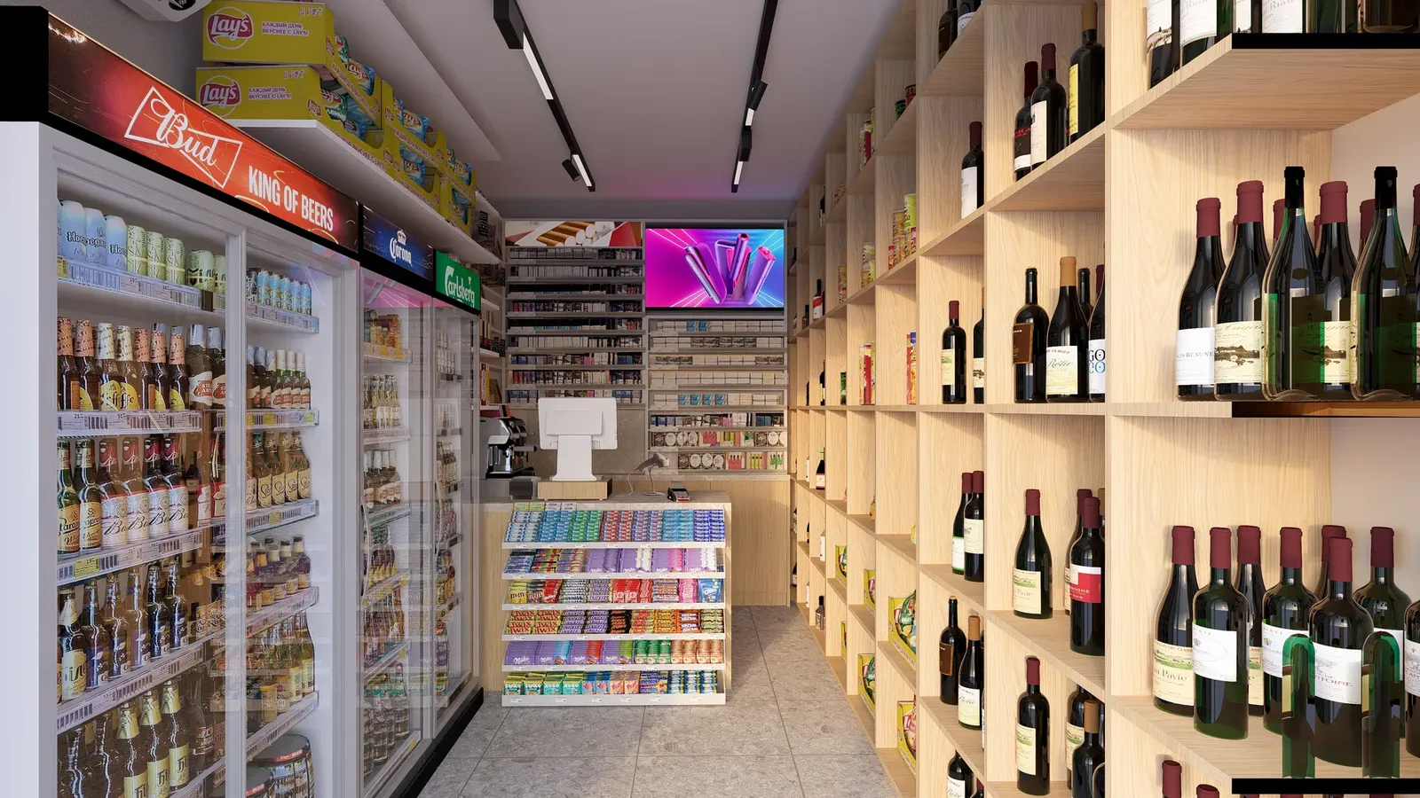 Aisle between the drinks fridges and the wine shelves