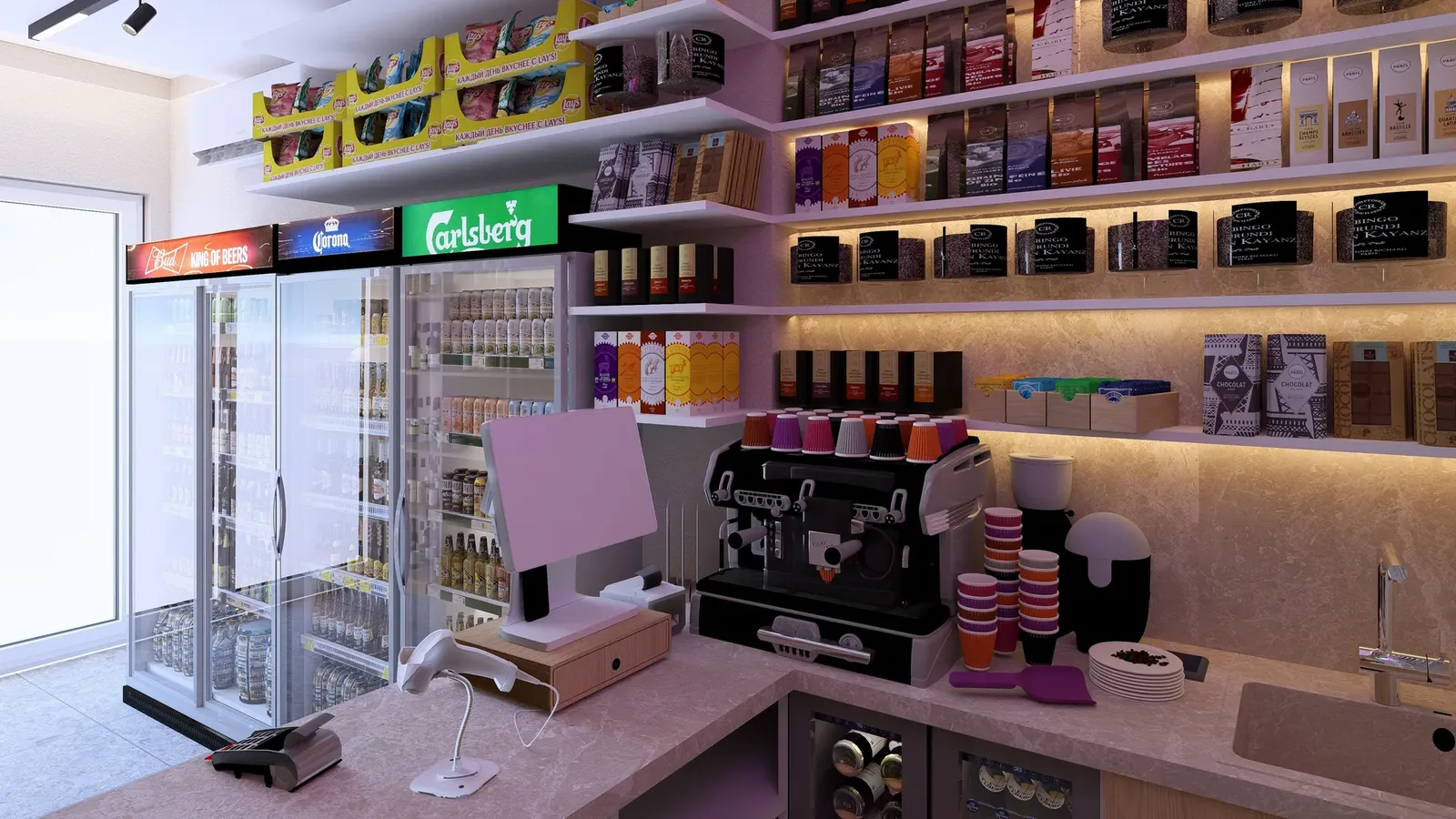 Coffee bar with a professional espresso machine and lit shelving