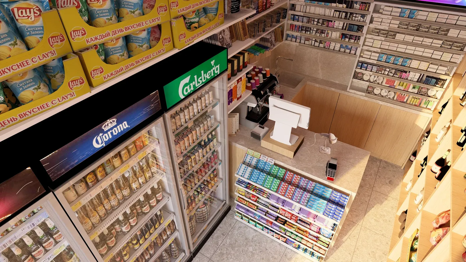 Overhead view of the counter, fridges and shelving