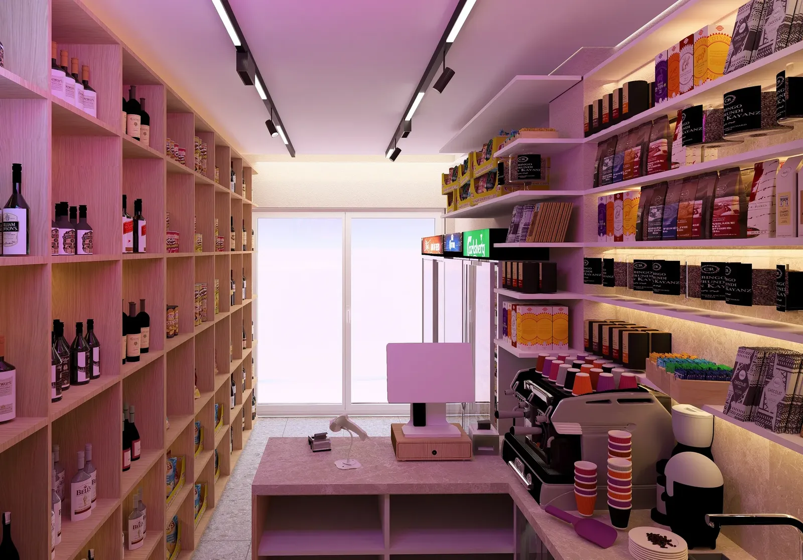 Lit shelves of spirits and tobacco products towards the entrance